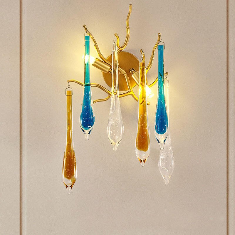 Home Indoor Decor Colorful Water Drop Pendant Home Luxury Branch Sconce Lighting Clear Crystal LED Wall Lamp